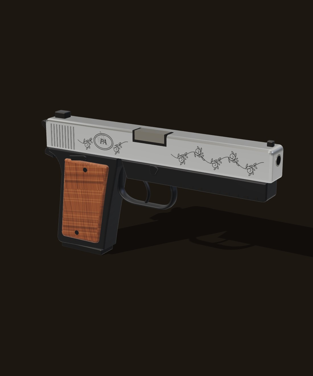 A pistol with a polished stainless slide, scroll engraving, a PA monogram and walnut grips